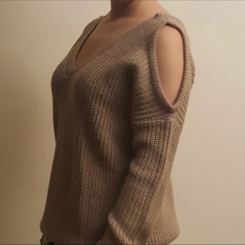 👝Ambiance Appreal👝Cold Shoulder Tan Sweater